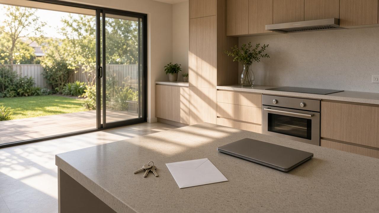 A freshly cleaned kitchen bench with house keys, a plain envelope, and a laptop ready for a rental bond claim.